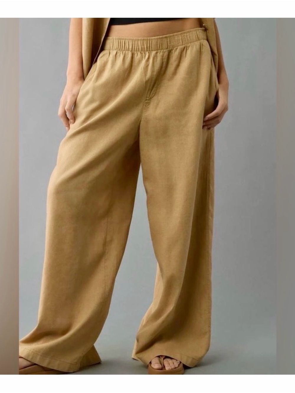 American Eagle Outfitters Wide-Leg Linen Pants in Camel